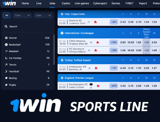 Seção com linha de apostas esportivas no site oficial 1win