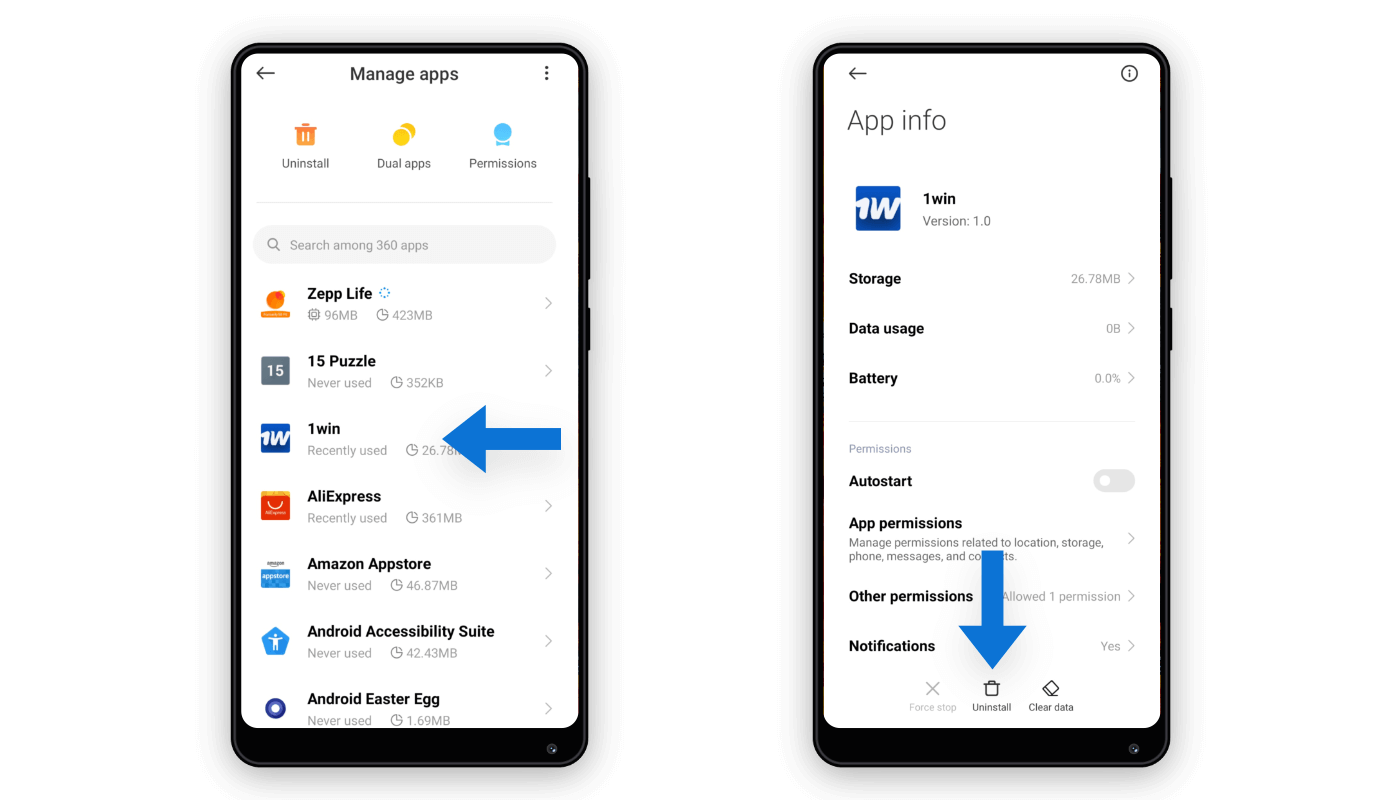How to uninstall the 1win app from your smartphone