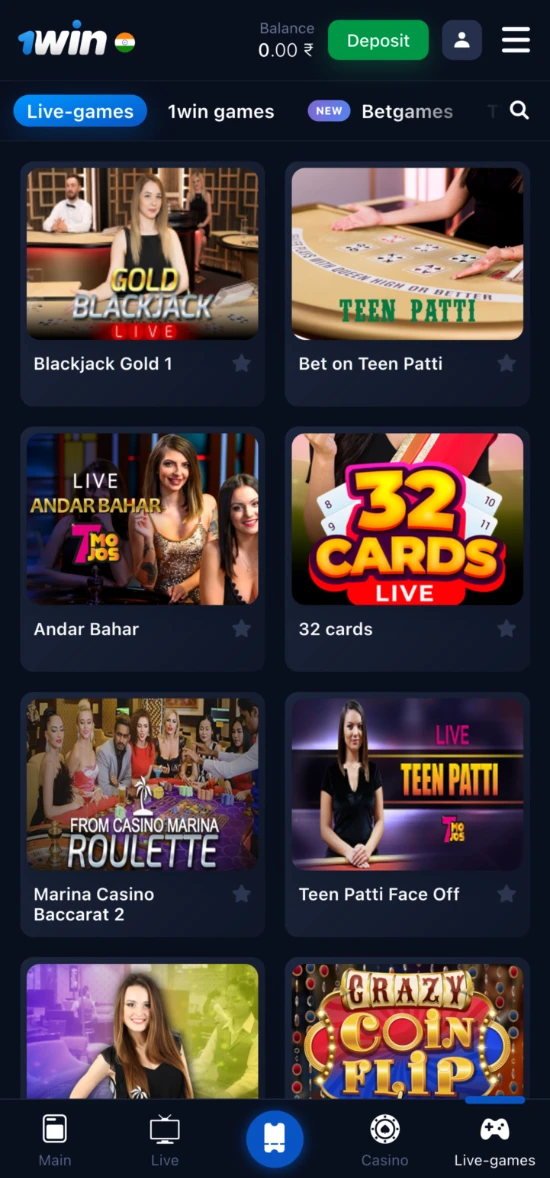 Live games section of 1win mobile app