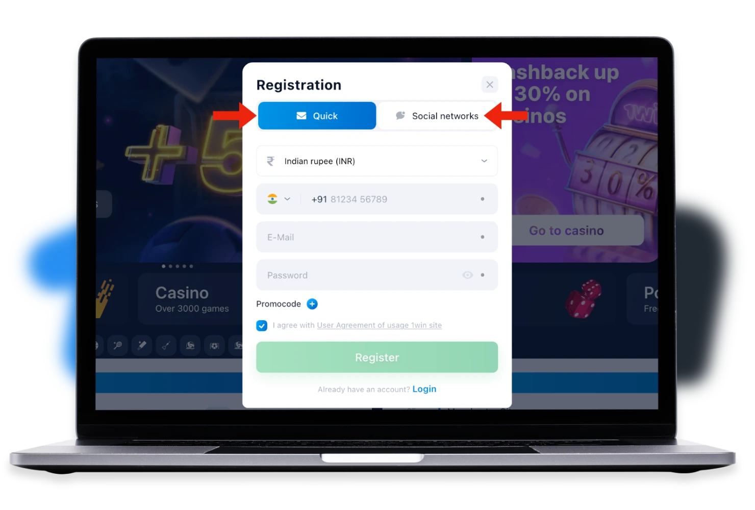 O usuário pode escolher entre várias opções para registro na plataforma 1win